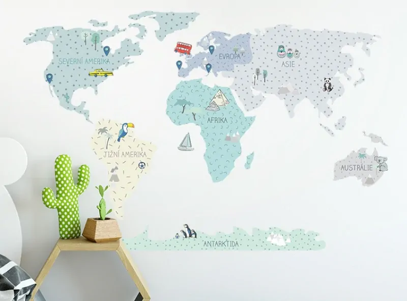 Samolepky na zeď - Mapa světa - mátová, velikost L (180 x 120 cm)