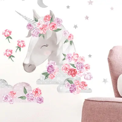 Samolepka na zeď - Unicorn s pivoňkami a hvězdami, 53 x 90 cm, růžový