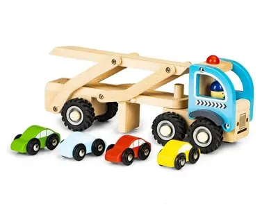 Dřevěný odtahový vůz + 4 autíčka Ecotoys