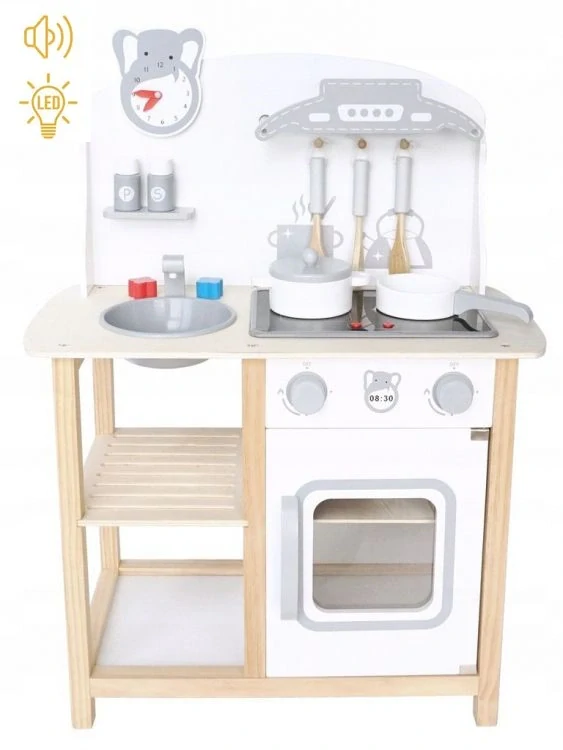 Dřevěná kuchyňka růžová, se zvuky Ecotoys - bílá