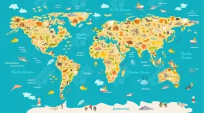 Samolepka na zeď - Mapa světa se zvířátky a nápisy