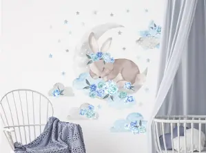 Samolepky na zeď - Spící králíček na obláčku, modrý