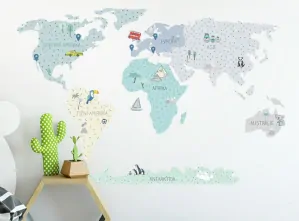 Samolepky na zeď - Mapa světa - mátová, velikost L (180 x 120 cm)