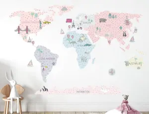 Samolepky na zeď - Mapa světa - růžová, velikost M (130 x 85 cm)