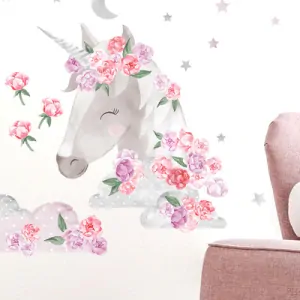 Samolepka na zeď - Unicorn s pivoňkami a hvězdami, 53 x 90 cm, růžový