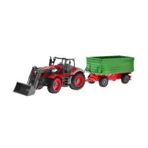 RC Traktor červený, se zeleným přívěsem, v měřítku 1:28