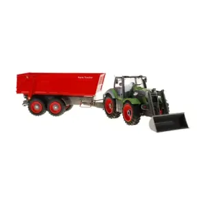 RC Traktor zelený, s červeným přívěsem, v měřítku 1:28