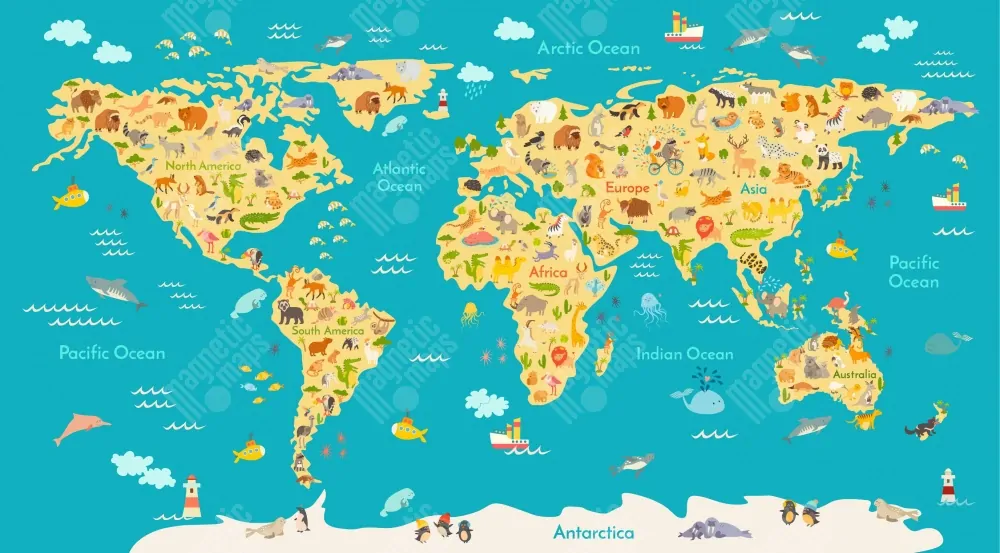Samolepka na zeď - Mapa světa se zvířátky a nápisy