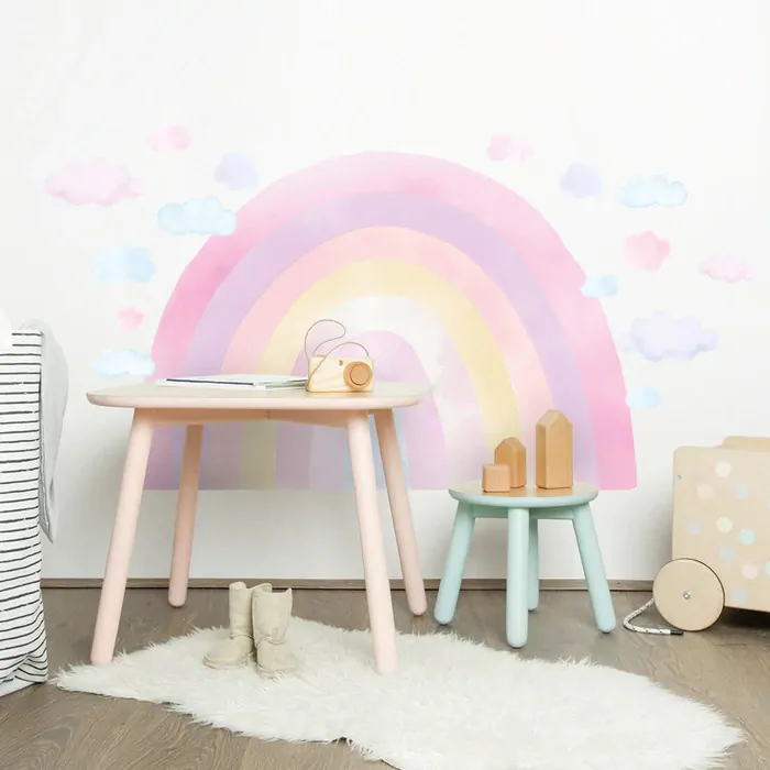 Samolepky na zeď - Duha růžová + 15 obláčků, vel. 130 x 90 cm