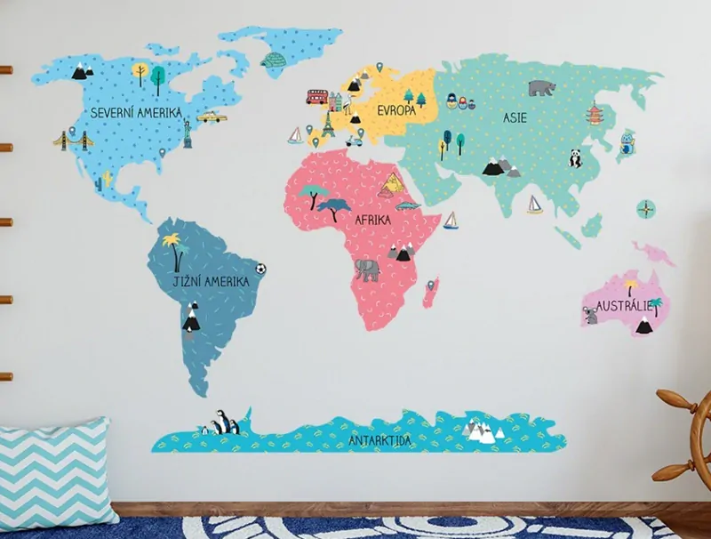 Samolepky na zeď - Mapa světa - barevná, velikost M (130 x 85 cm)