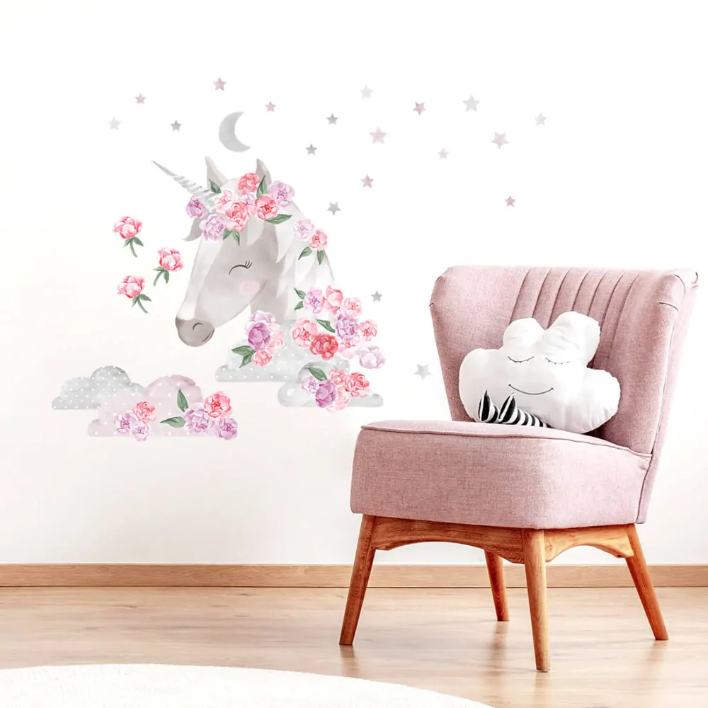 Samolepka na zeď - Unicorn s pivoňkami a hvězdami, 53 x 90 cm, růžový