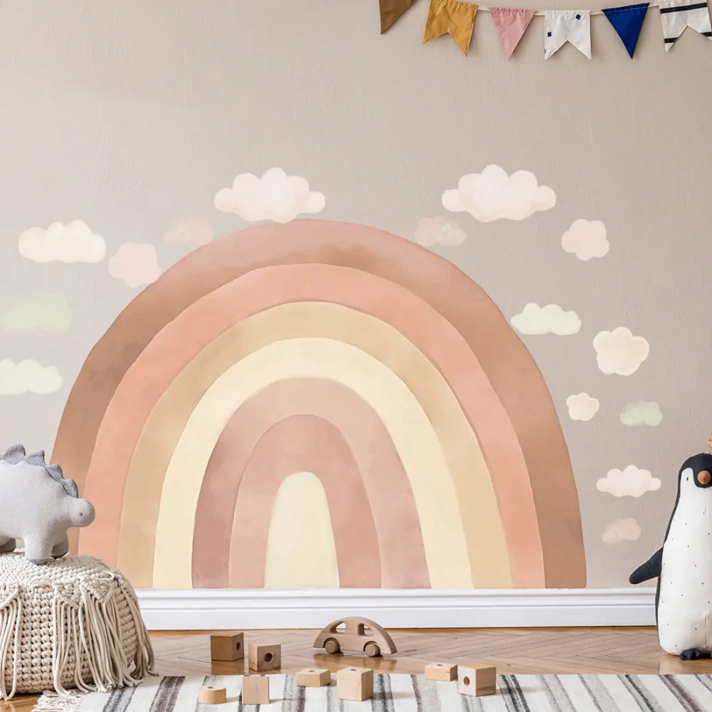 Samolepky na zeď - Duha hnědá + 15 obláčků, vel. 130 x 90 cm