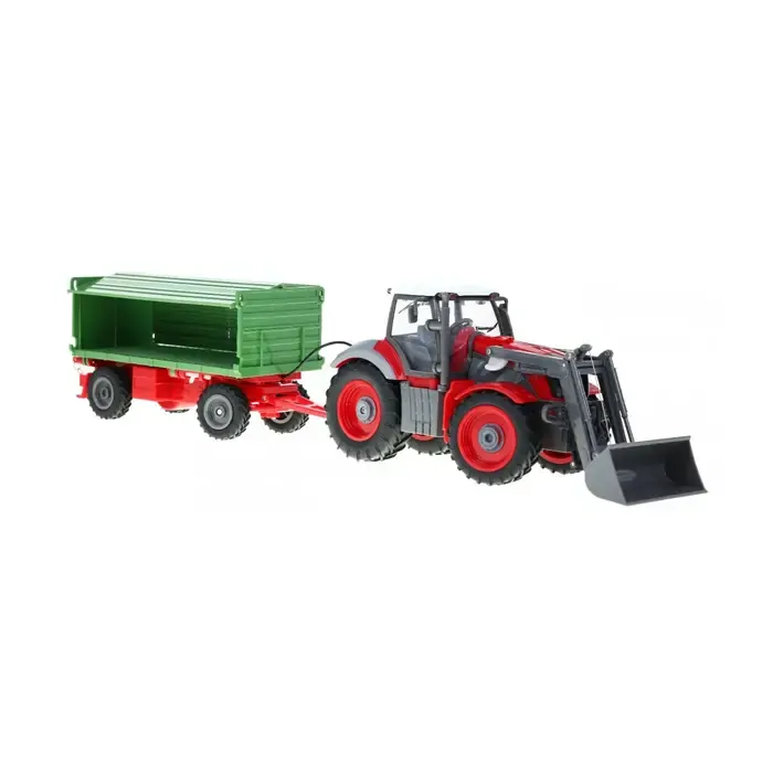 RC Traktor červený, se zeleným přívěsem, v měřítku 1:28