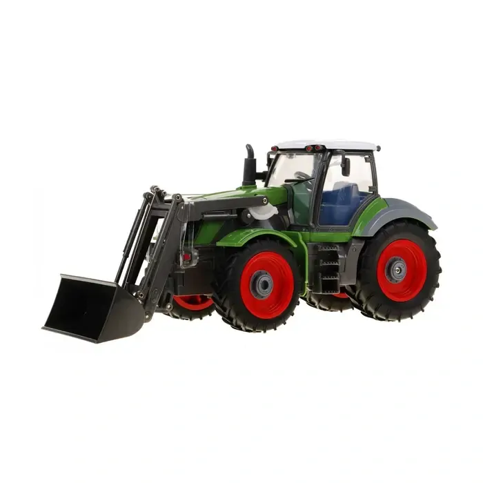 RC Traktor zelený, s červeným přívěsem, v měřítku 1:28