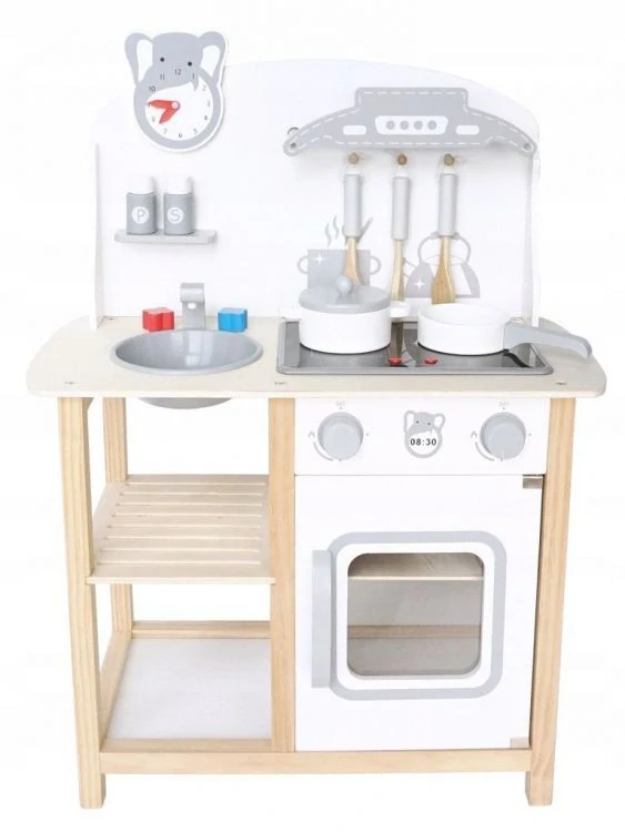 Dřevěná kuchyňka růžová, se zvuky Ecotoys - bílá