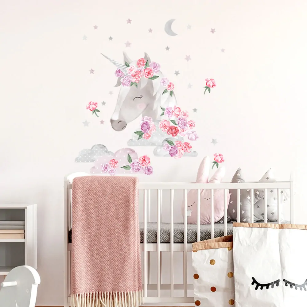 Samolepka na zeď - Unicorn s pivoňkami a hvězdami, 53 x 90 cm, růžový