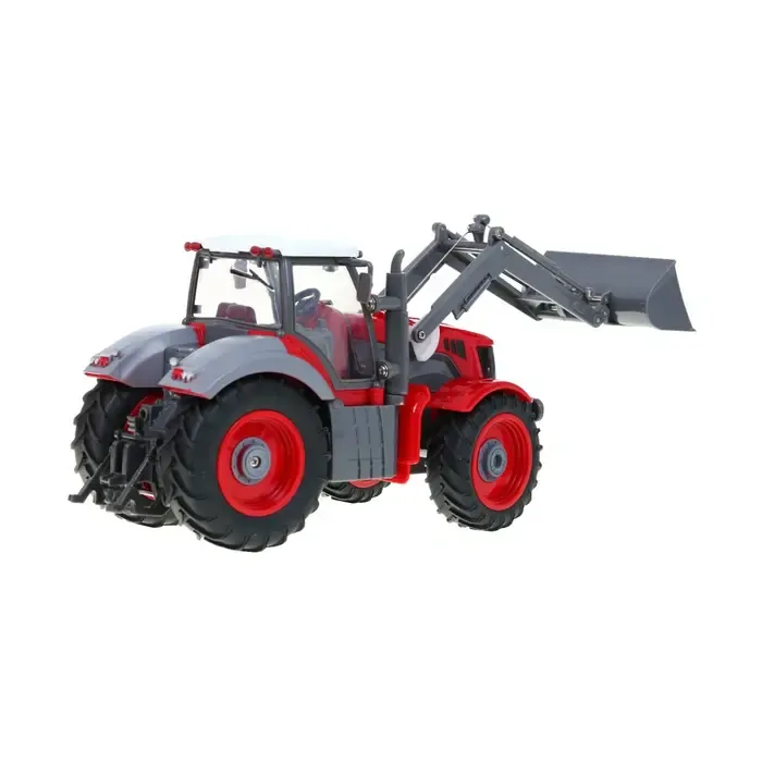 RC Traktor červený, se zeleným přívěsem, v měřítku 1:28