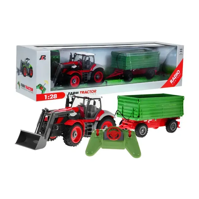 RC Traktor červený, se zeleným přívěsem, v měřítku 1:28